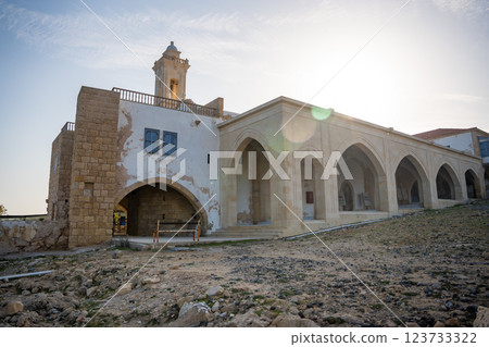 Monastery of Apostle Andrew stands near the northeasternmost cape of Northern Cyprus. The image highlights a sacred pilgrimage site and its historical and spiritual significance 123733322