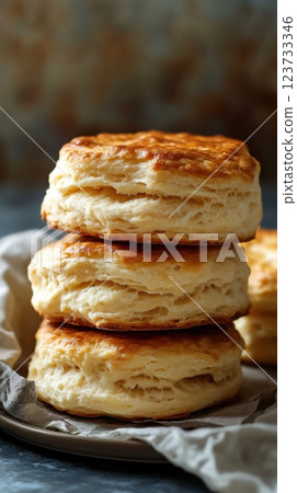 Neatly arranged stack of biscuits displaying a crunchy texture ideal for snack time enjoyment Neatly arranged stack of biscuits displaying a crunchy texture ideal for snack time enjoyment 123733346
