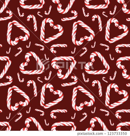 Watercolor illustration of a Christmas heart-shaped lollipop. Seamless pattern is hand-made on a colored background. Drawing for photo wallpaper, stickers, scrapbooking, fabric 123733350