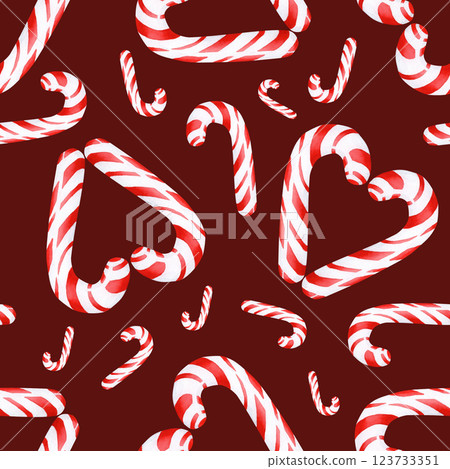 Watercolor illustration of a Christmas heart-shaped lollipop. Seamless pattern is hand-made on a colored background. Drawing for photo wallpaper, stickers, scrapbooking, fabric 123733351