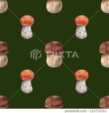 Seamless pattern with porcini and aspen mushrooms. The illustration is made in watercolor technique on a colored background for your design Seamless pattern with porcini and aspen mushrooms. The illustration is made in watercolor technique on a colored background for your design 123733353