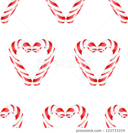 Watercolor illustration of a Christmas heart-shaped lollipop. Seamless pattern is hand-made on an isolated background. Drawing for photo wallpaper, stickers, scrapbooking, fabric 123733354