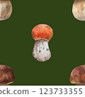 Seamless pattern with porcini and aspen mushrooms. The illustration is made in watercolor technique on a colored background for your design 123733355