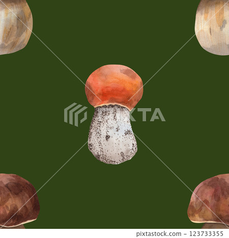 Seamless pattern with porcini and aspen mushrooms. The illustration is made in watercolor technique on a colored background for your design Seamless pattern with porcini and aspen mushrooms. The illustration is made in watercolor technique on a colored background for your design 123733355