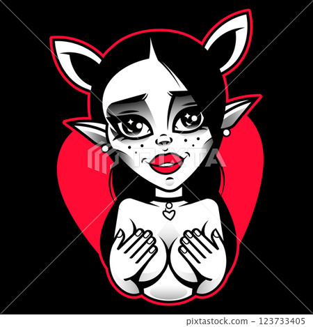 Vector logo. Monochrome portrait of a beautiful young fairy elf girl. Forest pretty lady enchantress. Isolated background. 123733405