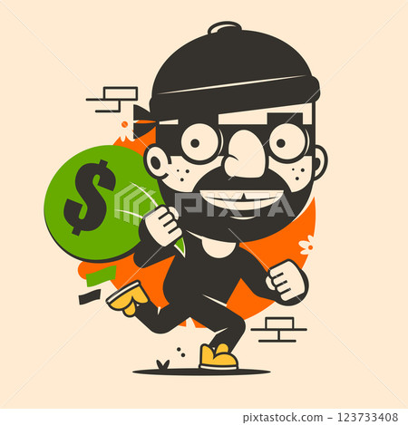 Happy stickman hugs green bag of money. Cartoon thief stole cash from the bank. Vector illustration of cybercrime. Isolated hand drawn stickman on background. 123733408