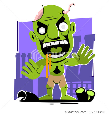 Cartoon zomby. Design for print, sticker, party decoration, logo, emblem, magazine prints or journal article, t-shirt design, poster. Vector illustration of Halloween 123733409