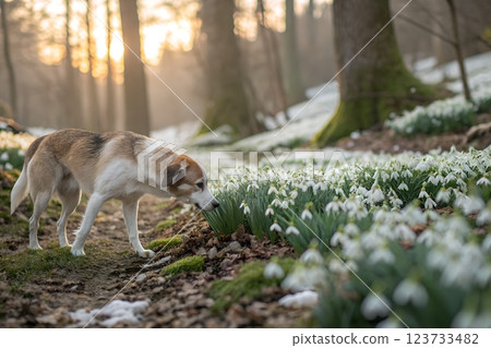 Serene scene of a dog standing in a peaceful forest, surrounded by delicate snowdrop flowers blooming amidst the snow 123733482