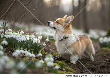 Adorable corgi dog standing in a serene forest surrounded by delicate snowdrop flowers 123733483