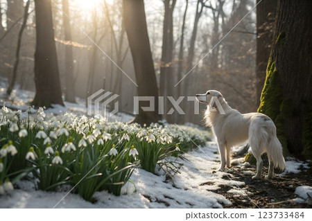 Serene scene of a dog standing in a peaceful forest, surrounded by delicate snowdrop flowers blooming amidst the snow 123733484