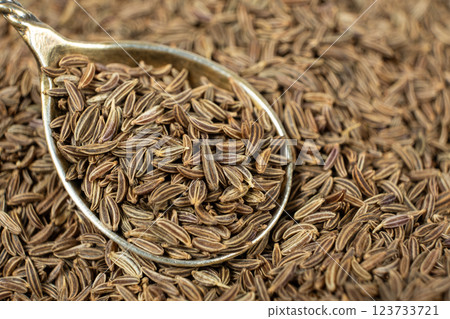 Whole cumin seeds Carum carvi L. in a spoon close-up 123733721