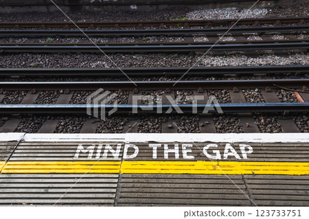 Mind the Gap sign on a train platform warning passengers to be cautious while boarding Mind the Gap sign on a train platform warning passengers to be cautious while boarding 123733751