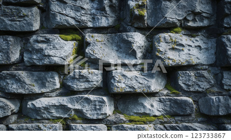 Dark gray stone wall with moss growing in the cracks Dark gray stone wall with moss growing in the cracks 123733867