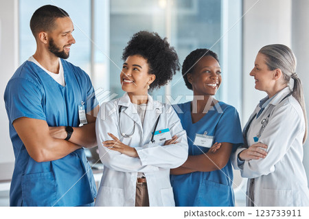 Healthcare, medicine and teamwork with a doctor, nurse and health workers working as a team in the hospital. Collaboration, medical and trust with a healthcare group at work in a clinic for care 123733911