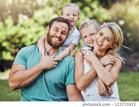 Family portrait, parents and children bonding in hug in house garden, nature park or environment in trust, security and love. Smile, happy and kids or girls in mothers day or fathers day celebration Family portrait, parents and children bonding in hug in house garden, nature park or environment in trust, security and love. Smile, happy and kids or girls in mothers day or fathers day celebration 123733915