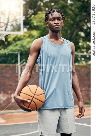Basketball player, black man portrait and outdoor sports court training, workout and game in New York, USA. Young athlete playing ball in community playground, urban action and competition with focus 123733920