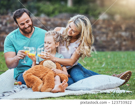 Children, family and picnic with a girl, mother and father sitting outdoor on a grass field in a park with a drink or glass of juice. Kids, summer and bonding with a man, woman and daughter together Children, family and picnic with a girl, mother and father sitting outdoor on a grass field in a park with a drink or glass of juice. Kids, summer and bonding with a man, woman and daughter together 123733922