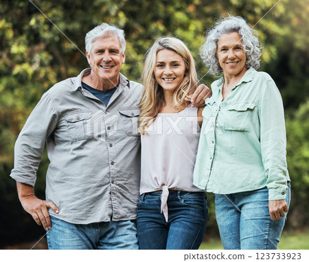 Portrait of mother, father and woman in park on hioliday in Australia together in summer. Happy, relax and love of parents for adult child on vacation in a green garden with family in nature 123733923