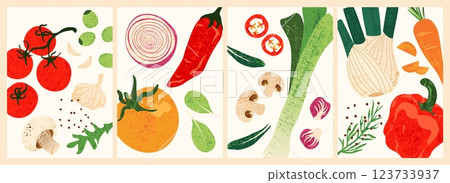 Mix of organic vegetables. Fresh farm food with green leaves, hand drawn colorful natural ingredients for salad cooking, modern posters. Vector vegetarian food set 123733937