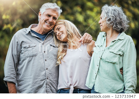 Nature, senior parents and hug with daughter to bond on weekend in usa for happy family moment. Proud, elderly and retirement people with woman relatives smile together with care and love embrace. Nature, senior parents and hug with daughter to bond on weekend in usa for happy family moment. Proud, elderly and retirement people with woman relatives smile together with care and love embrace. 123733947