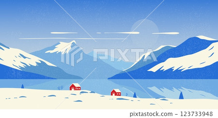 Winter mountain landscape. Scandinavian nature background with snow capped peaks, houses and fir trees, vintage print design for banner poster. Vector mid century illustration Winter mountain landscape. Scandinavian nature background with snow capped peaks, houses and fir trees, vintage print design for banner poster. Vector mid century illustration 123733948