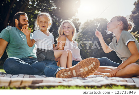 Happy family, picnic and summer, fun in park with children and parents bonding and playing on grass. Relax, nature and excited kids enjoying freedom and fun activity with cheerful mother and father Happy family, picnic and summer, fun in park with children and parents bonding and playing on grass. Relax, nature and excited kids enjoying freedom and fun activity with cheerful mother and father 123733949