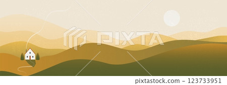 Abstract landscape poster. Nature contemporary poster with hills, house, pine trees, minimalist wall decor, mid century mountain background art print design. Vector illustration 123733951