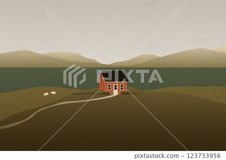 Minimalist nature landscape. Geometric abstract contemporary background with mountains and hills, minimal retro countryside poster with small house. Vector illustration Minimalist nature landscape. Geometric abstract contemporary background with mountains and hills, minimal retro countryside poster with small house. Vector illustration 123733956