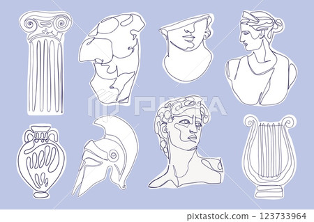 Ancient greek statues. Hand drawn one line antique sculptures, mythology characters knight amphora column. Vector art 123733964