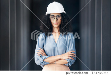 Architecture, engineering and black woman leader portrait at construction site, industrial building or property development. Pride, vision and motivation of female contractor manager in safety helmet 123733966