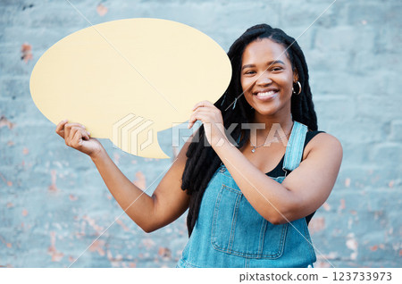 Feedback, social media and idea with black woman and speech bubble with mock up for review, vote and survey. Design, news and network with young girl and communication, contact and voice icon 123733973