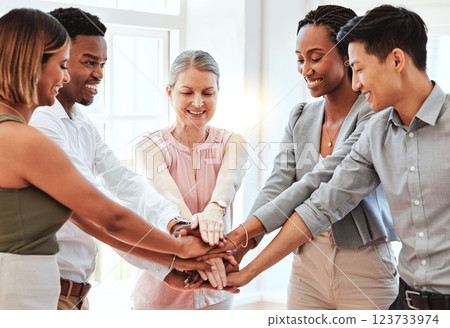 Teamwork, collaboration hands and business people in office. Team building, unity and workers working together for goal, mission or startup vision in huddle circle for trust, support and motivation 123733974