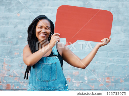 Girl with speech bubble for social media communication, conversation or web chat on online app. Contact, internet brand marketing and advertising student or black woman smile with mockup chat sign 123733975