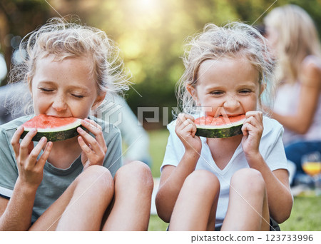 Happy, picnic and watermelon with children in park with family for summer, wellness and relax. Health, nature and spring with kids eating fruit in countryside field for peace, friends and food Happy, picnic and watermelon with children in park with family for summer, wellness and relax. Health, nature and spring with kids eating fruit in countryside field for peace, friends and food 123733996