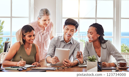 Innovation, teamwork and meeting with team on tablet working on strategy, planning and paper statistics. Happy business people, consulting on tech and digital data in office, company or workplace 123734000