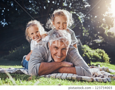 Grandfather, children and portrait of family in the park together with smile during summer in Australia. Girl kids and senior man playing, happy and having fun in a green garden in nature with care 123734003