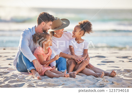 Parents, kids and beach sand vacation, family holiday and summer sea travel together in Portugal. Smile mom, love dad and happy young girl children, relax and quality time in sunshine ocean outdoors 123734018