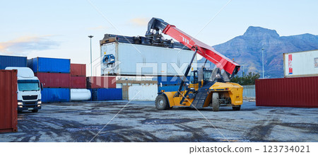 Forklift, shipping logistics and manufacturing container warehouse, cargo industry and industrial factory stock in South Africa. Supply chain production, freight crane and global export distribution 123734021