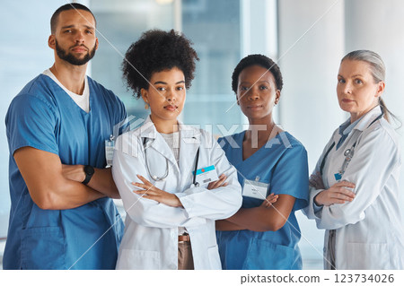 Diversity, teamwork and portrait of medical doctors standing in the hallway of the hospital. Collaboration, medicine and team of multiracial professional healthcare employees at a medicare clinic. Diversity, teamwork and portrait of medical doctors standing in the hallway of the hospital. Collaboration, medicine and team of multiracial professional healthcare employees at a medicare clinic. 123734026