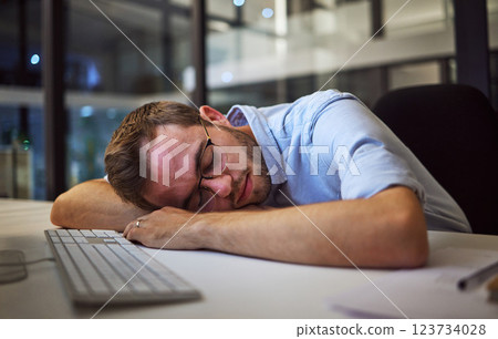 Night sleep, business burnout and businessman sleeping at his desk in his dark office at work. Tired corporate employee, worker or manager with stress taking a nap at a table while working overtime Night sleep, business burnout and businessman sleeping at his desk in his dark office at work. Tired corporate employee, worker or manager with stress taking a nap at a table while working overtime 123734028