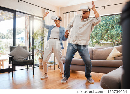 VR experience, senior couple and living room metaverse video games innovation, digital fantasy and cyber connection. Crazy man, happy woman and excited people with virtual reality futuristic glasses 123734034