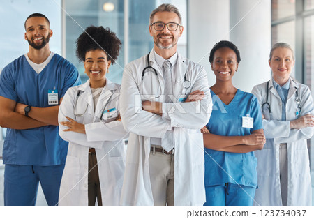 Doctor, team and hospital at work smile together for portrait in medical facility. Medic, nurse and healthcare in clinic with workers showing happiness, confidence and diversity for teamwork in Miami Doctor, team and hospital at work smile together for portrait in medical facility. Medic, nurse and healthcare in clinic with workers showing happiness, confidence and diversity for teamwork in Miami 123734037