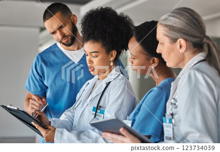 Doctor schedule, meeting and medical worker talking to hospital team about healthcare agenda. Group of medicine employees in communication about collaboration and teamwork on paper in clinic Doctor schedule, meeting and medical worker talking to hospital team about healthcare agenda. Group of medicine employees in communication about collaboration and teamwork on paper in clinic 123734039