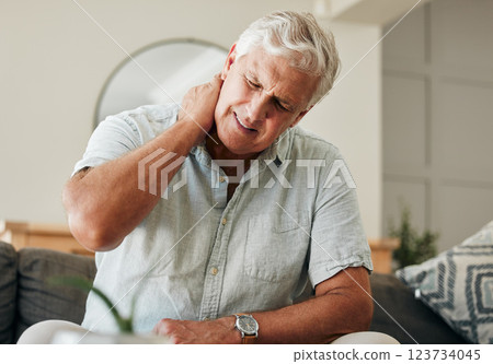 Senior man, neck pain and stress sitting at home with spine injury massaging muscle for osteoporosis and fibromyalgia. Bad health, tired and elderly male with orthopedic, arthritis and back problem Senior man, neck pain and stress sitting at home with spine injury massaging muscle for osteoporosis and fibromyalgia. Bad health, tired and elderly male with orthopedic, arthritis and back problem 123734045