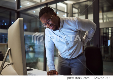 Stress at night, tired employee with back pain working at night and risk of burnout or quitting. Career dedication, marketing professional with deadline and motivation to complete project for success Stress at night, tired employee with back pain working at night and risk of burnout or quitting. Career dedication, marketing professional with deadline and motivation to complete project for success 123734048