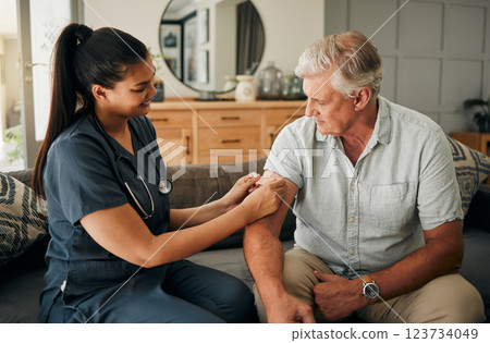 Covid vaccine, nurse and elderly man help, consulting and talk about health in living room at home. Healthcare, mature male and patient with doctor or medical professional in lounge on sofa does test Covid vaccine, nurse and elderly man help, consulting and talk about health in living room at home. Healthcare, mature male and patient with doctor or medical professional in lounge on sofa does test 123734049
