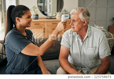 Covid, fever and thermometer with a nurse and patient in his home for a test, checkup or appointment. Medical, healthcare and consulting with a medicine worker and senior man in his house Covid, fever and thermometer with a nurse and patient in his home for a test, checkup or appointment. Medical, healthcare and consulting with a medicine worker and senior man in his house 123734073