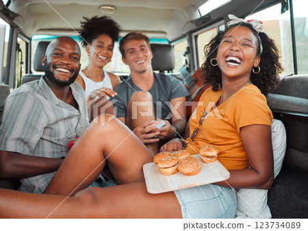 Food, travel and friends eating on a road trip, happy, relax and laughing while bonding in a car together. Fast food, diversity and face portrait of smiling people enjoying freedom and adventure trip Food, travel and friends eating on a road trip, happy, relax and laughing while bonding in a car together. Fast food, diversity and face portrait of smiling people enjoying freedom and adventure trip 123734089