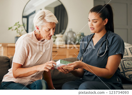 Home, healthcare and doctor help elderly patient in assisted living care facility, explain medicine on a sofa. Support, pills and senior care checkup with nurse discuss option and recovery treatment 123734093