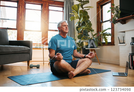 Senior man, yoga meditation and home workout in lotus pose for fitness, peace and zen energy. Calm mindset, focus wellness and healthy retirement on living room floor for balance, breathing and relax Senior man, yoga meditation and home workout in lotus pose for fitness, peace and zen energy. Calm mindset, focus wellness and healthy retirement on living room floor for balance, breathing and relax 123734098